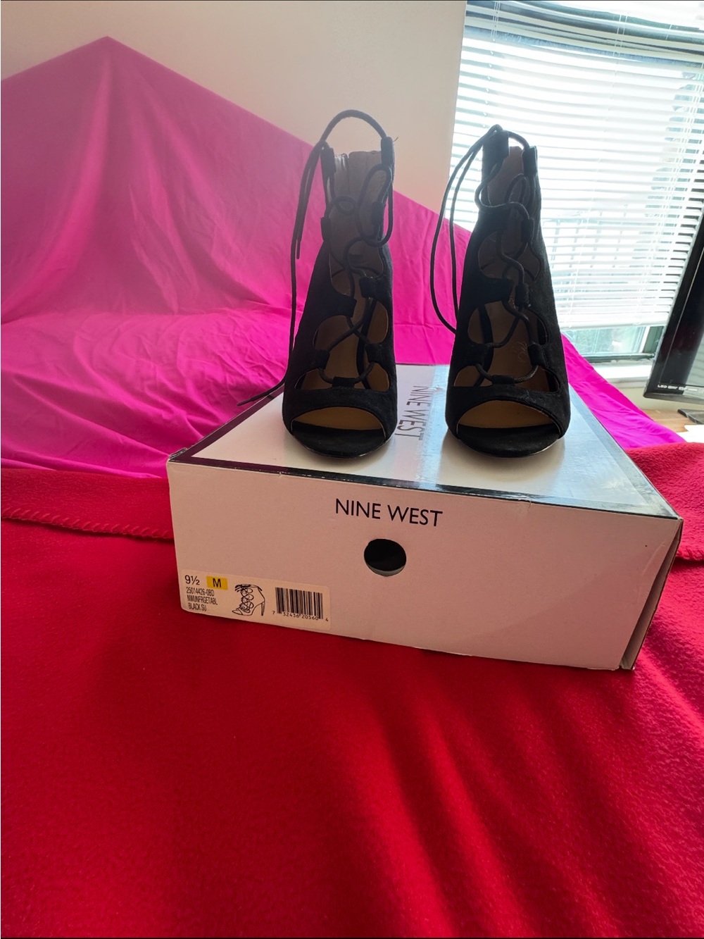 Nine West Black Lace-Up Peep Toe Heels with Cutout Detail